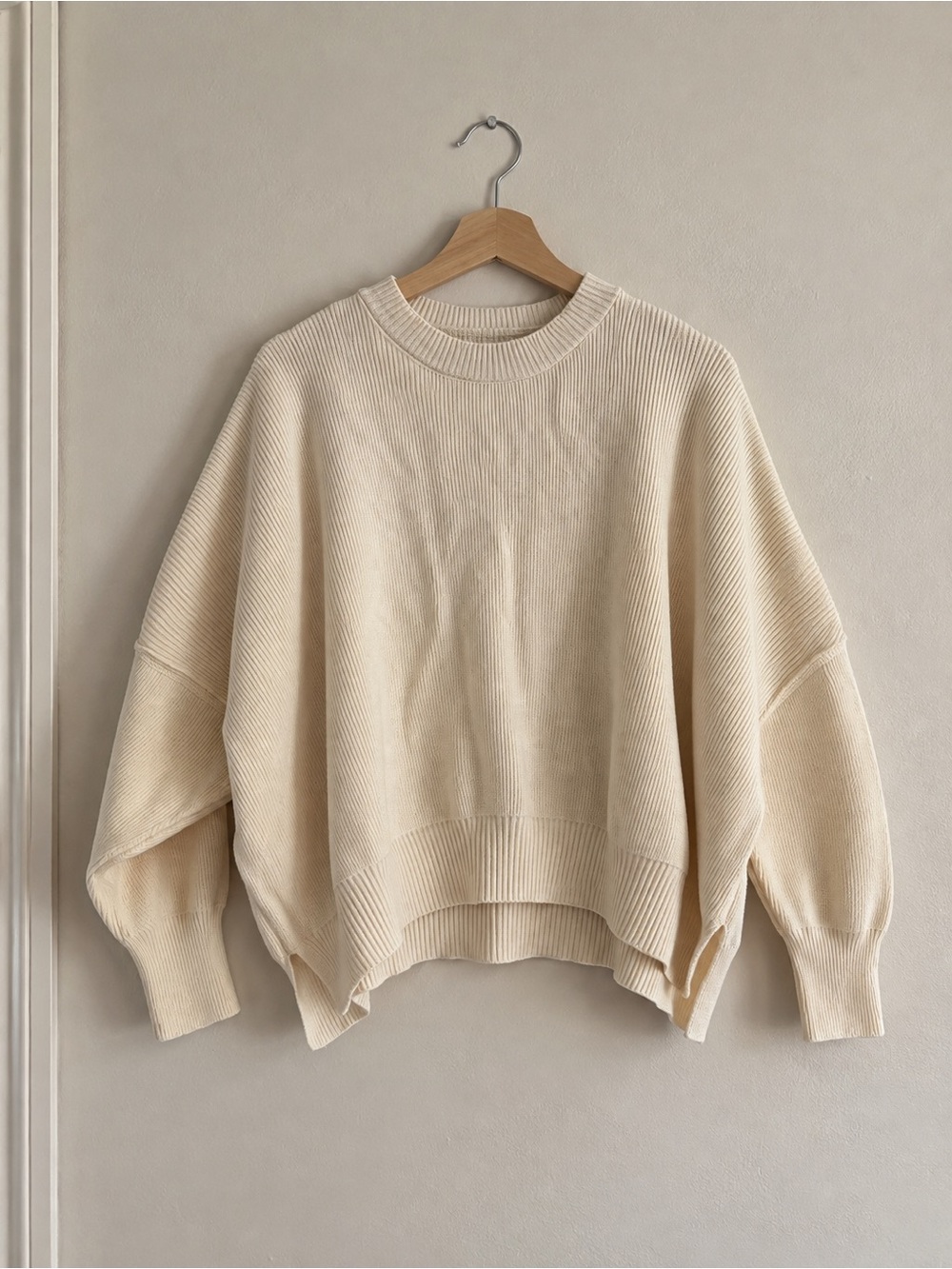 Free People Cream Oversized Ribbed Easy Pullover Sweater Chunky Knit Small